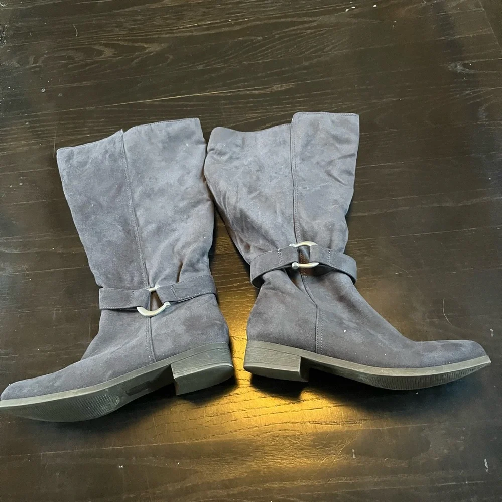 Gray Faux Suede Knee High Boots Wide Calf Moto Style Size 7